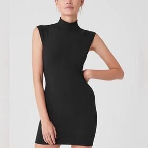 Alo Yoga Run It Back Airlift  Mock Neck Ribbed Mini Bodycon Dress Black Womens L